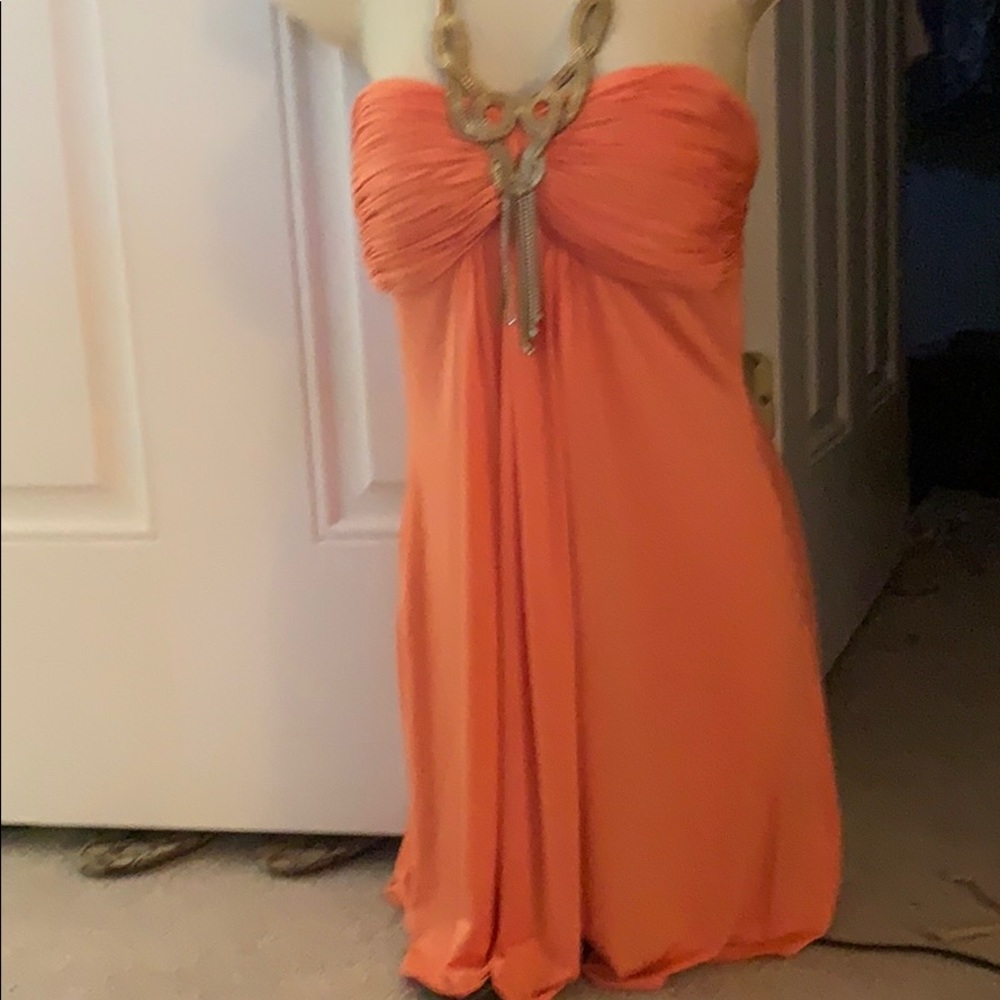 Kimikal Peach Mini Dress Gold Jeweled Neckline